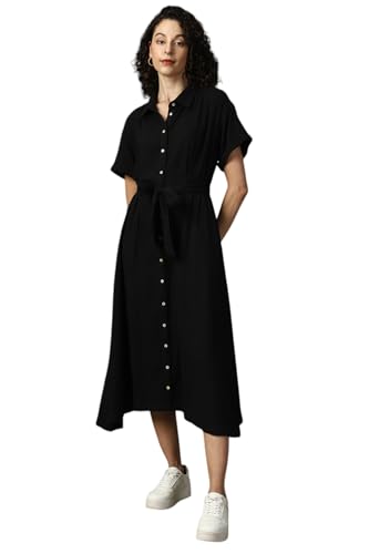Buy High Star Women Cotton Solid Oversized Fit Spread Collar Black - Image 1