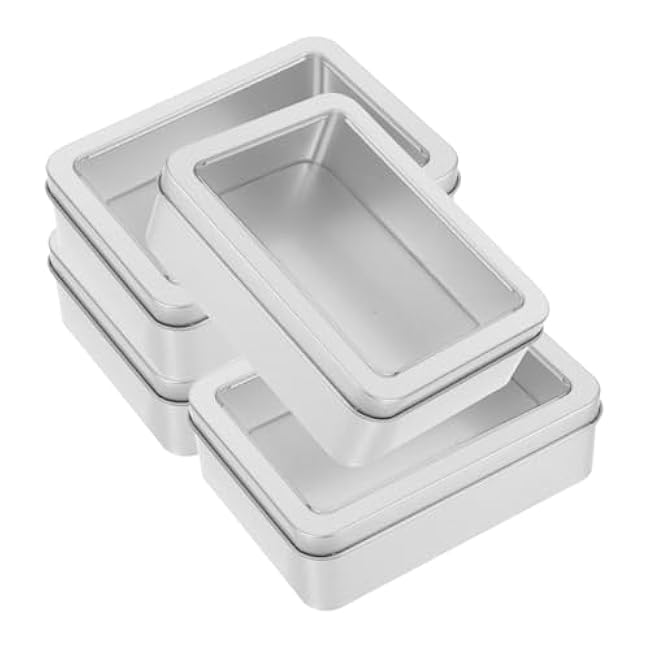 BESTOYARD 4pcs Rectangular Tin Boxes with Window Lid Small Metal Storage Containers for Candy Biscuit and Sewing Tools Sturdy Tinplate with User-Friendly Opening