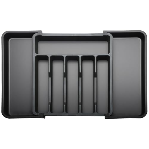 Flearitzo Organizador de Cubiertos Extensible Grande para Cajón de Cocina 33-57cm de Ancho Ajustable Negro Organizador Multifunción con Divisores Extraíbles para Cucharas Tenedores y Palillos