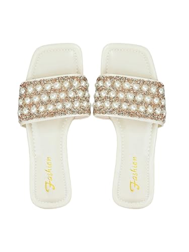 Verdusa Women's Rhinestone Dressy Sandals Square Toe Slip on PU Leather Slippers