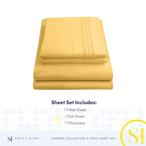Image of Twin XL Sheets - Breathable Luxury Sheets with Full Elastic & Secure Corner Straps Built In - 1800 Supreme Collection Extra Soft Deep Pocket Bedding Set, Sheet Set, Twin XL, Yellow
