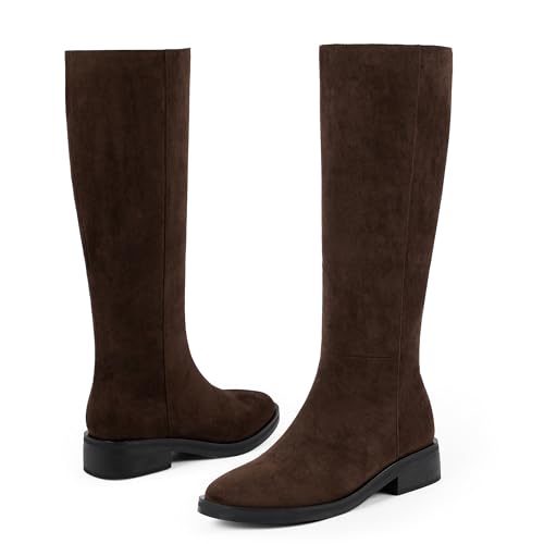 Image of Modatope Knee High Boots Women Round Toe Chunky Heel Fall Boots | Womens Low Flat Heel Long Boots with Side Zipper, Fashion Riding Boots Fall Winter
