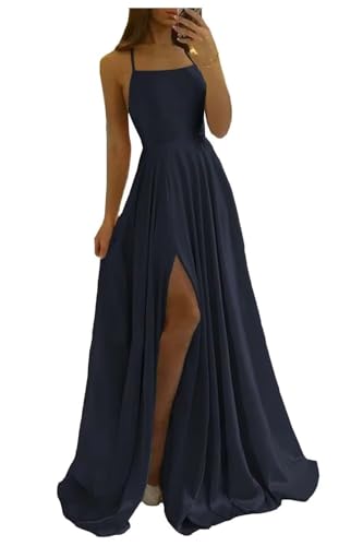 Image of Women Long Formal Dress Solid Satin Spaghetti Straps A Line Evening Cocktail Dresses with Slit