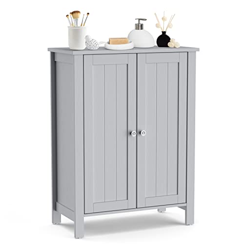 Costway Bathroom Floor Cabinet - Freestanding Side Storage Organizer With Double Doors & Adjustable Shelf, Wooden Storage Cabinet For Living Room, Bedroom, Kitchen, Entryway (Grey) #TOP19