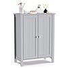 COSTWAY Bathroom Floor Cabinet Freestanding Side Storage Organizer with Double Doors Adjustable Shelf Wooden Storage Cabinet for Living Room Bedroom Kitchen Entryway Grey