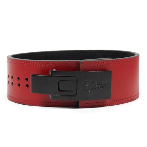 Image of 10mm Lever Powerlifting Belt - Red Belt Leather Gym Belt with Black Buckle - Men & Women- Weightlifting, Squats, Deadlifts - IPF Standard (Red, Medium)