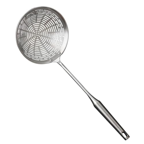 Image of Stainless Steel Oil Skimmer Jhara for Deep Frying | Heavy Duty Puri Pakora Frying Strainer | Long Handle Oil Drain Spoon | Rust Free Kitchen Skimmer