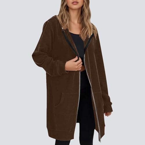 GOSEAGOTOFUN Womens Fleece Jacket Long Zip Up Hoodie Oversized Casual Long Sleeve Sweatshirts Fall Winter Fashion Warm Coat 01-Brown Medium - image 5