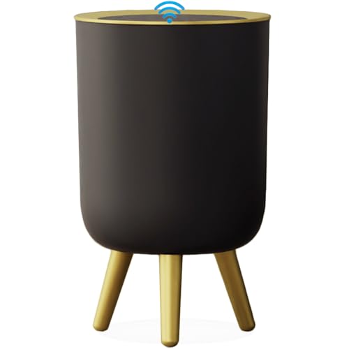 Yatmung Touchless Bathroom Trash Can with Lid - Motion Sensor Garbage Can - Waste Basket for Bedroom, Living Room, Toilet, Office, Plastic - Automatic Trash Bin - Black with Gold Edge