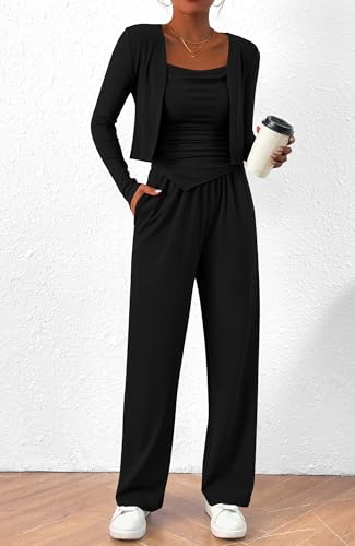 BTFBM Women's Fall Lounge Sets 3 Piece Outfit Tracksuits Casual Long Sleeve Tops High Waisted Sweatpants Set2