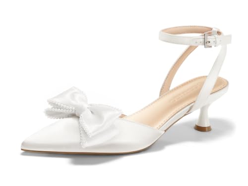 Image of Coutgo Womens Satin Kitten Low Heels Bow Pearl Closed Pointed Toe Pumps Ankle Strap Wedding Dress Shoes