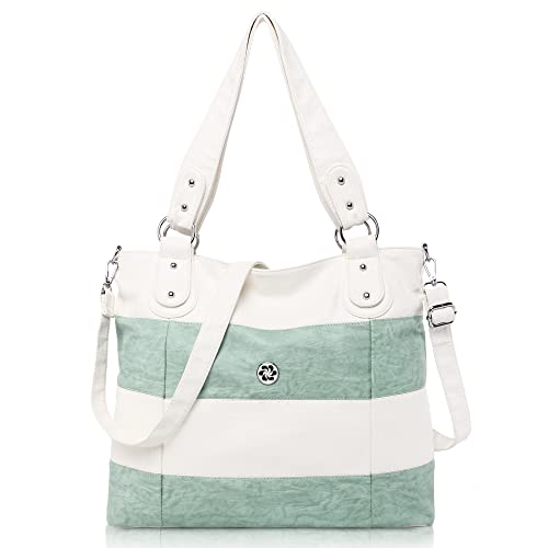 Angel Kiss Hobo Shoulder Purses for Women Large Soft Washed PU Leather Stripe Crossbody Handbags (White/Green)