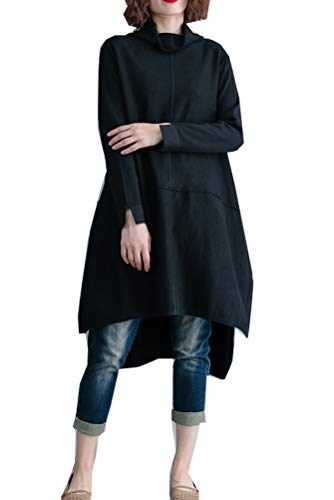 Minibee Women's Long Sleeve Sweater Dresses Pullover Casual Turtleneck Knit Sweater High Low Loose Cotton Tunic Black