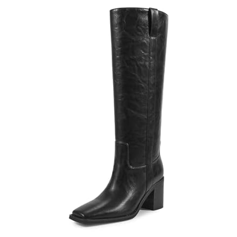 ISNOM Black Knee High Boots for Women with Square Toe, Chunky Tall Boots Wide Calf Riding Boots Pull On Heeled Casual Knee High Boots Cover