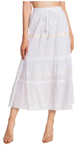 Sakkas Solid Embroidered Gypsy/Bohemian Mid Length Cotton Skirt