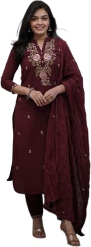 Image of Women's Embroidered Kurta Pant Dupatta Set | Premium 3-Piece Suit Set with Heavy Floral Thread Work | Soft & Elegant Straight Kurti