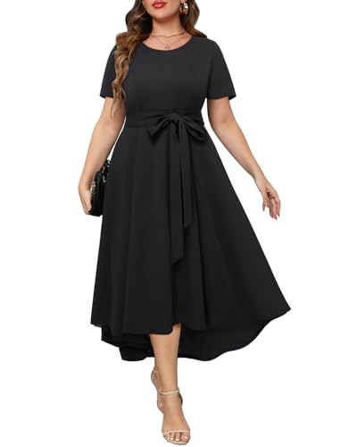 Holipick Women's Plus Size High Low Dress Wedding Guest Semi Formal Short Sleeves Long Cocktail Dresses with Pockets