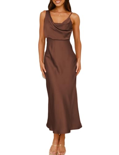 Image of Summer Satin Cowl Neck Midi Dress for Women 2026 Elegant Formal Silk Spaghetti Strap Backless Wedding Guest Dresses