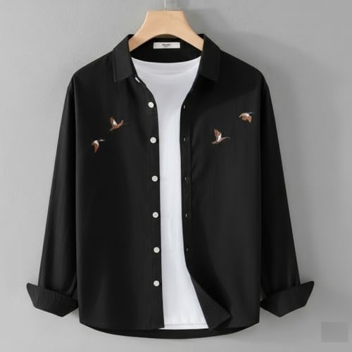 Image of Men's Cotton Blend Casual Wear with Bird Embroidery | Regular Fit Full Sleeve Button Down | Lightweight Summer Style for Daily, Office & Party
