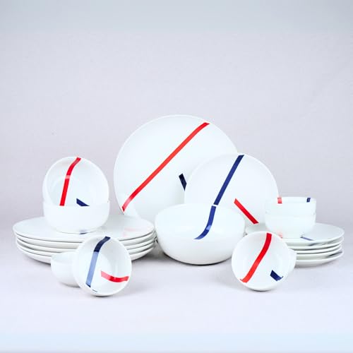 Image of BlackCarrot 21-Piece Ceramic Dinner Set | Porcelain Crockery Set for Dining Table | Glossy White Finish, Spanish Design | Microwave & Dishwasher Safe, Premium Ceramic Dinnerware