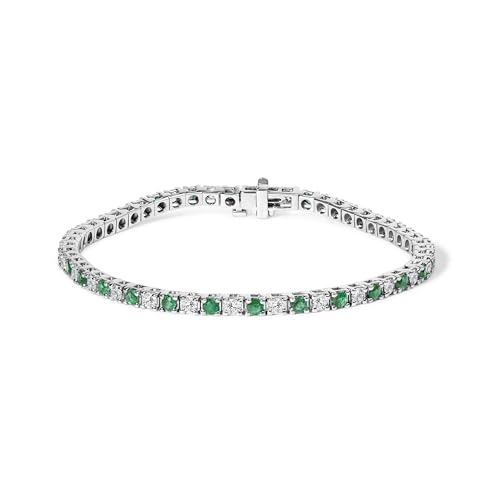 14K White Gold Alternating 1 1/2 Cttw Diamond and Emerald Tennis Bracelet