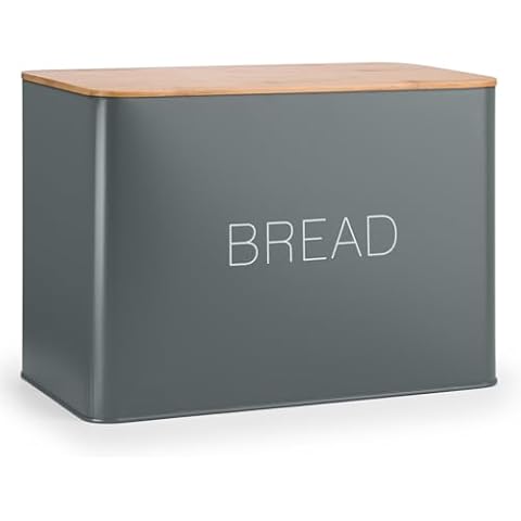 EHC Grey Bread Bin with Wood Lid Cover