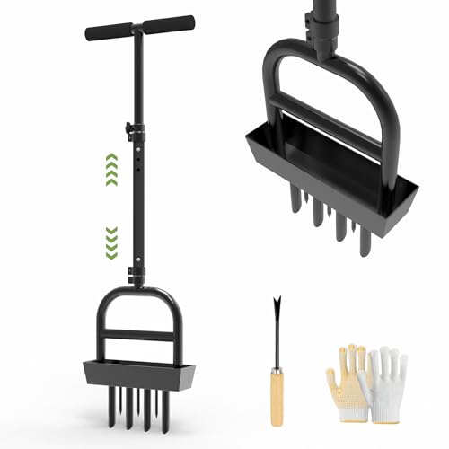 COZEER Lawn Aerator Tool with 4 Hollow Tines & 3 Spike Tines, Aerator Lawn Tool with Soil Core Storage Tray, Grass Aerator for Yard Aerator, Manual Lawn Core Aerator & Yard Aerator Garden Tool