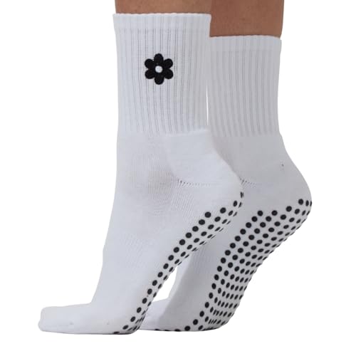 Women's Pilates Grip Socks with Flower Embroidery | Non-Slip Crew Socks for Women for Yoga, Barre, Pilates