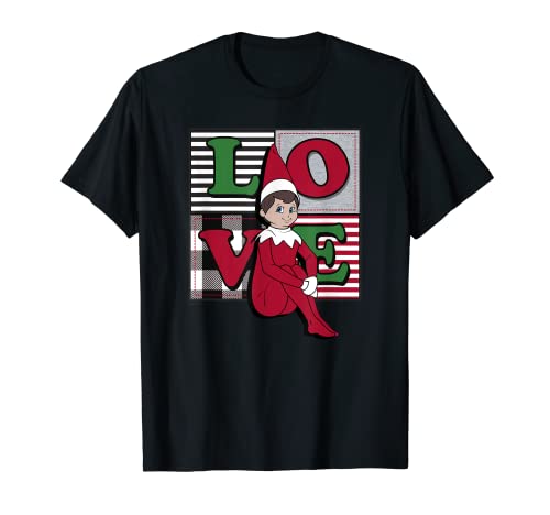 Elf on the Shelf Christmas Love Stacked Plaid Squares Logo T-Shirt