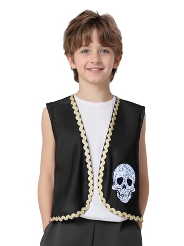 Kids Unisex Halloween Medieval Pirates Open-Front Vest Sleeveless Skull Bones Print Waistcoat Tops