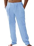 PASLTER Mens Casual Linen Pants Loose Fit Straight-Legs Elastic Drawstring Waist Summer Beach Yoga Long Pants A-Blue