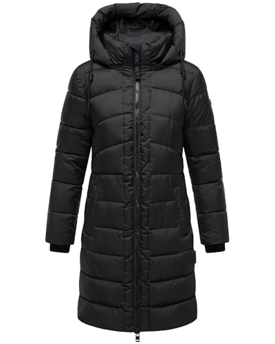 MARIKOO Damen Langer Wintermantel warmer Steppmantel mit abnehmbarer Kapuze Kaltnäschen 16 Black Gr. XL