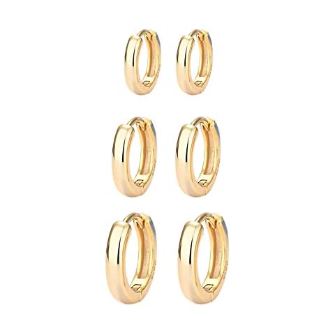 Impatiens 3 Pairs of Gold Small Hoop Earrings, Gold Huggie Hoop Earrings Set, Small, Copper, 24k Gold-Plated, 925 Sterling Silver Needle, 2.5 mm Wide, for Boys, Girls, Men, Women (9 mm, 11 mm, 13 mm) Cover