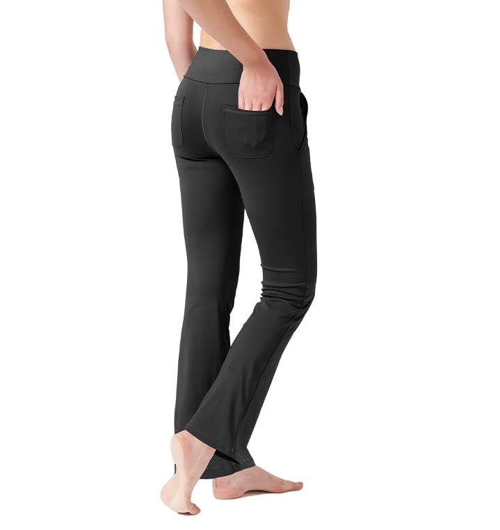 LaiEr Pantalones de Yoga para Mujer con 4 Bolsillos, Pantalones de Trabajo de Cintura Alta en 4 direcciones, Pantalones Largos Acampanados con Control de Abdomen, Negro,M