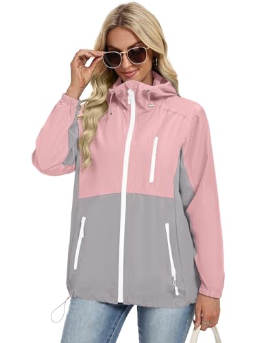 Avoogue Womens Raincoats Waterproof with Hood Lightweight Rain Jacket Outdoor Travel Rain Jacket Packable Pink Grey S