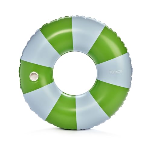Image of FUNBOY Giant Green & Blue Stripe Inflatable Pool Float with Cup Holder, 48 inch Adult Inner Tube Swim Ring Pool Lounger