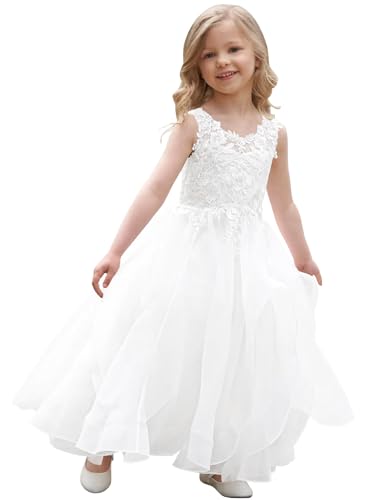 Flower Girl Dress with Waterfall Skirt&Lace Appliques First Communion Dress Girls Pageant Party Ball Gowns T033