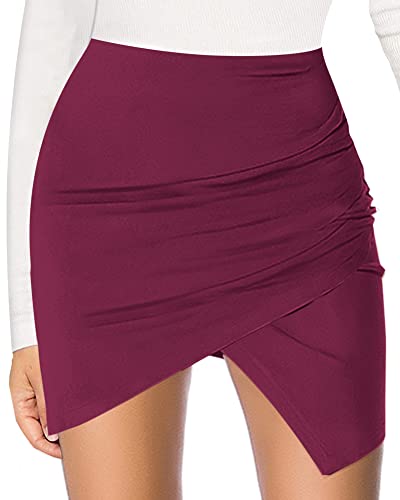 Image of MANGOPOP Women's Asymmetric Basic High Waist A-line Mini Pencil Skirt (A2 Wine Red （Asymmetrical）, XX-Large)