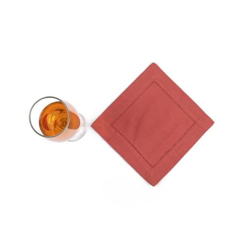 Image of Fingercraft Cotton Cocktail Napkins 6x6 Inches - Set of 12 Reusable Cloth Beverage Coasters with Elegant Ladder Hemstitch - Perfect for Parties, Bars & Home Use (Rust Slub)