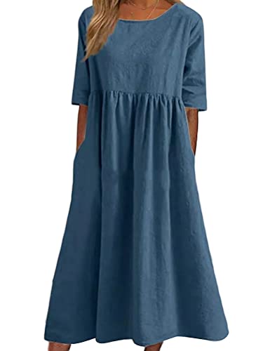 Onsoyours Damen Sommerkleid Leinenkleider Casual Rundhalsausschnitt Kurzarm Midi Kleid Lange Tunika Bluse Kleider Sommer A Blau XL
