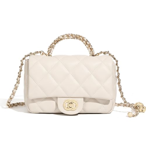 Image of Women's Genuine Leather Handbag with Lock Clasp & Metal Chain, Vintage Crossbody Shoulder Bag, Luxury Quilted Elegant Purse, Small Tote Bag for Ladies (Cream)