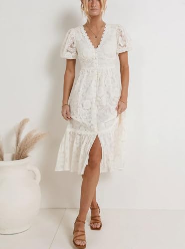 utcoco Lace Dress for Women 2025 V-Neck Lantern Sleeve Hollow Out Button Down Slim High Wasit Midi Dress3