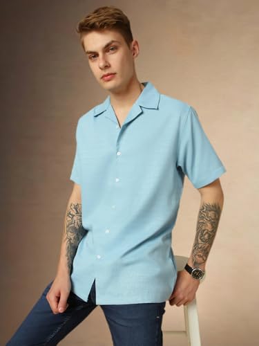 Image of Dennis Lingo Men's Half Sleeve Cuban Collar Solid Textured Relaxed Fit Casual Shirt