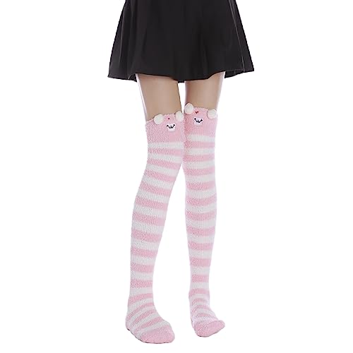 Thigh High Fuzzy Socks Cute Animal Coral Fleece Over the Knee Thigh High Long Stockings Warm Stripe