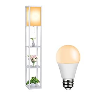 FULLWATT Floor Lamp Wooden Shelf, LED Floor Lamp with 3000 K E27 Bulb, 1.6 m Interior Lighting Reading Lamp for Bedroom and Living Room, White (8 W Bulbs Included)