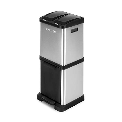 Klarstein Pedal Bin - 45L, 3 x 15L, Silver, Dual Compartment, Stainless Steel, Recycling Bin