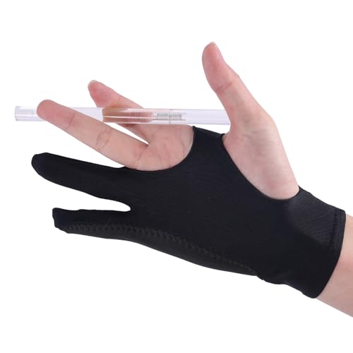 Mikovivi Guante de Dibujo Negro, Guante de Dibujo Digital 3 Capas con Rechazo Palma Guantes Artista Dos Dedos Mano Derecha Izquierda Accesorios para Tableta Gráfica para Dibujar y Pintar