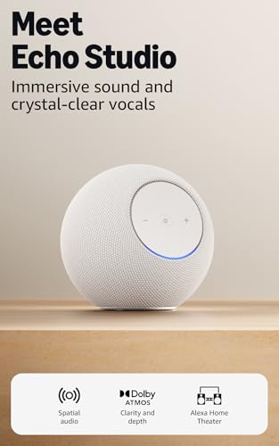 Amazon Echo Studio (newest gen), compact design, immersive spatial audio and Dolby Atmos, Glacier White, with Alexa+ Early Access