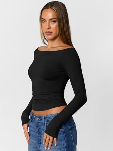 Trendy Queen Womens Boat Neck Long Sleeve T Shirt Fall Crop Top Fitted Basic Tee Going Out Fashion Clothing3