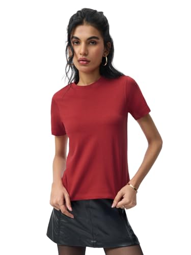 Image of The Souled Store Casual Classics: Women and Girls Short Sleeves Spread Collar Solid Cotton Regular Fit Breathable Lightweight Trendy Everyday T-Shirt